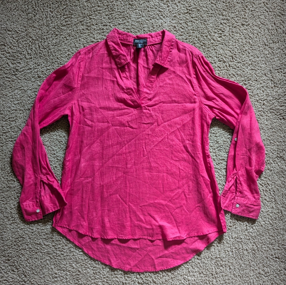 Jones New York Women's 100% Linen V Neck Shirt Hot Pink LIGHTWEIGHT SUMMER VACAY